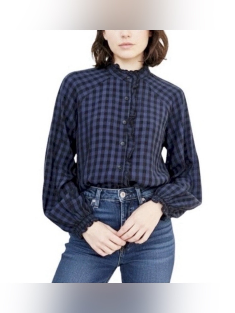CAbi Aberdeen Gingham Plaid Ruffle Button Up Shirt Long Sleeve L